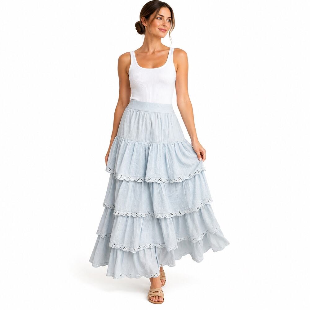 Bila New With Tags Tiered Maxi Skirt Medium Eyelet Ruffle Cotton Prairie Style